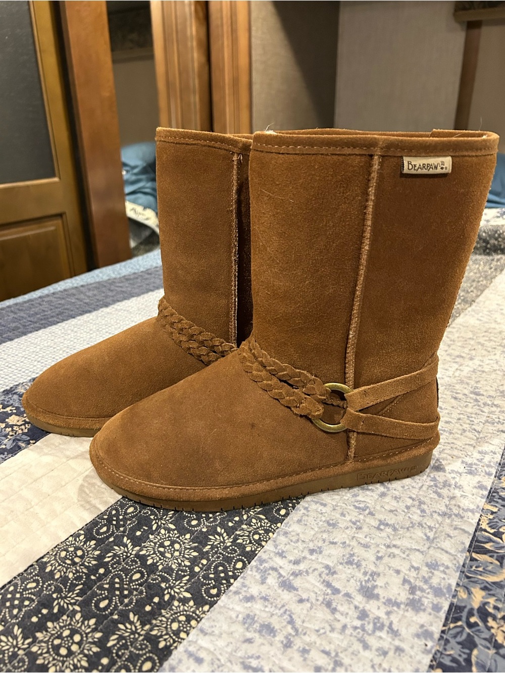 BearPaw Women's Suede Braided-Strap Mid-Calf Boots - Chestnut
